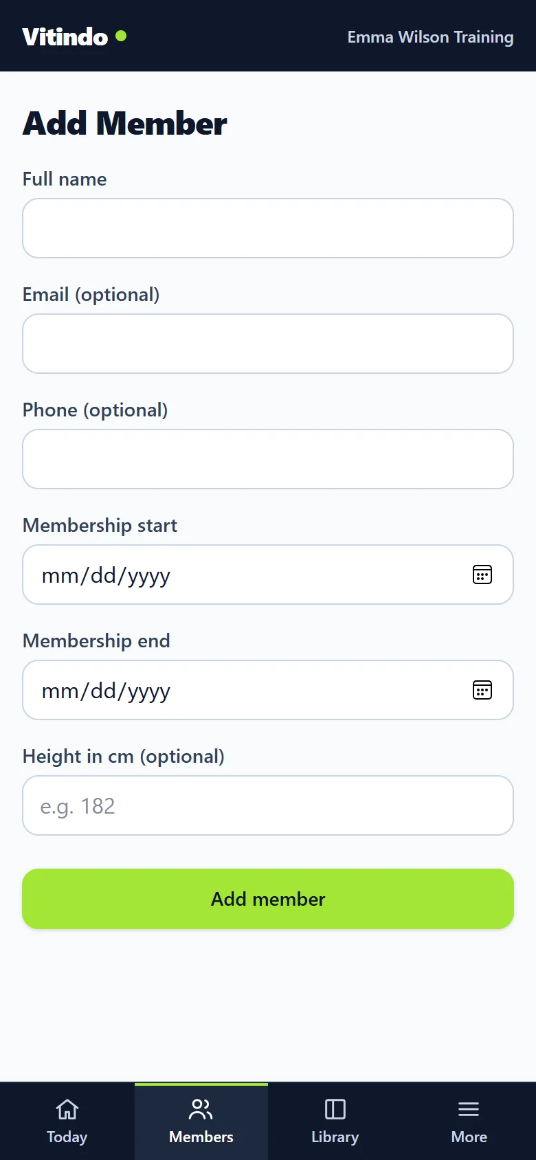 The Add member form: name, email, phone and membership dates.