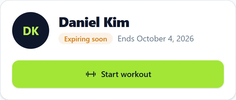 A client card with the status Expiring soon and the membership end date.