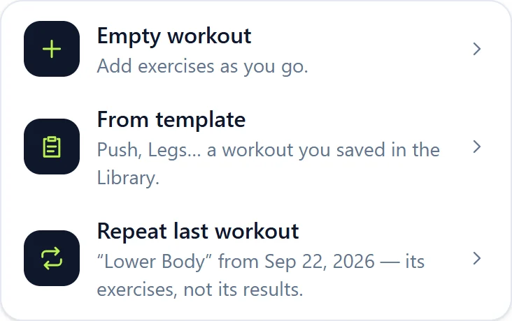 Three ways to start a workout: Empty workout, From template, Repeat last workout.