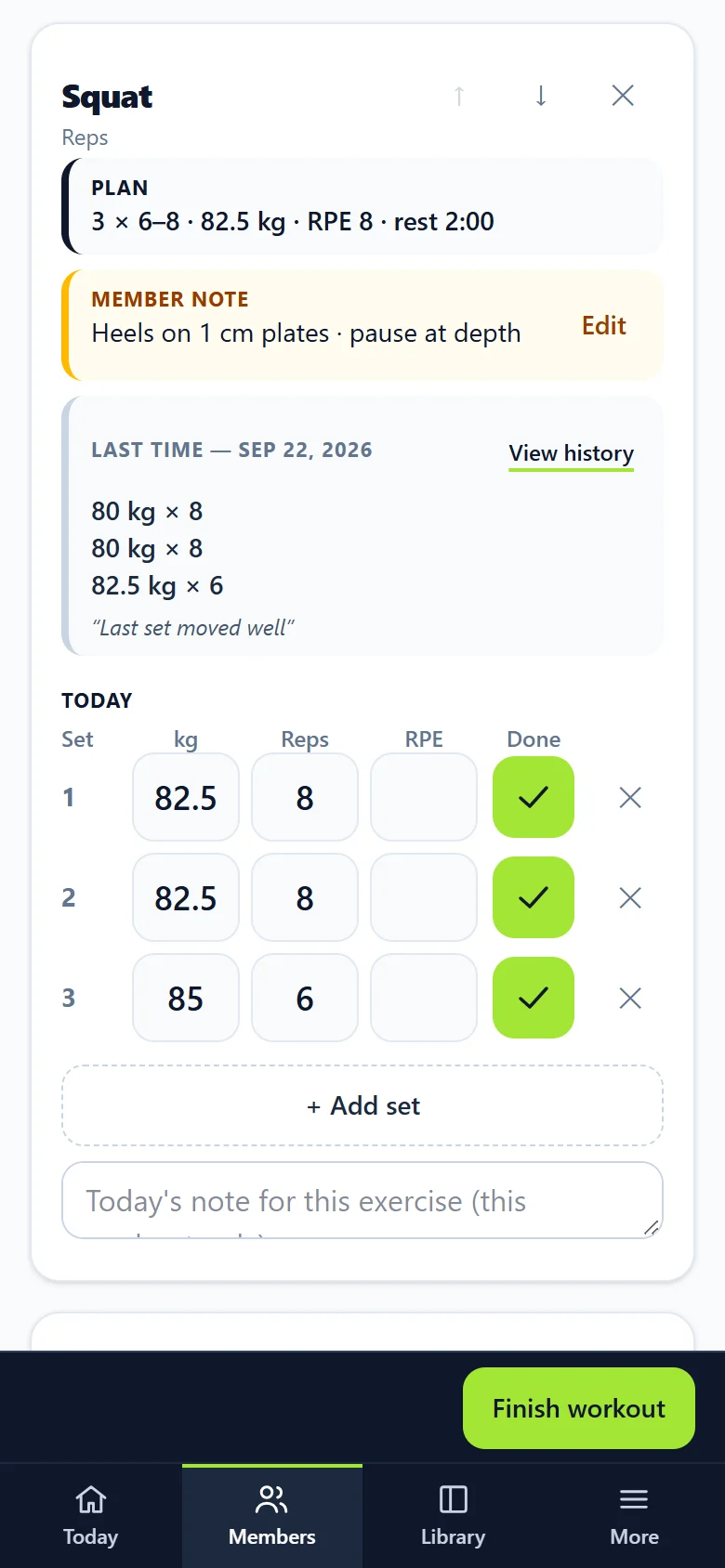 The logger with three squat sets ticked done.