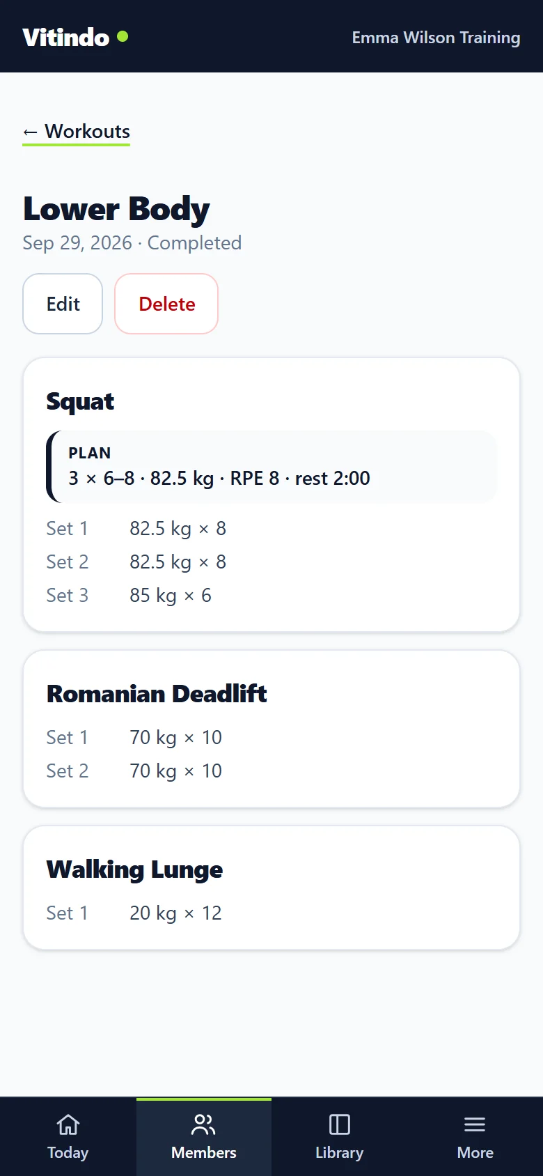 A completed workout: Lower Body, with each exercise's sets.